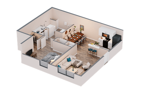 Floor plan for 1 bed, 1 bath, 708 sqft